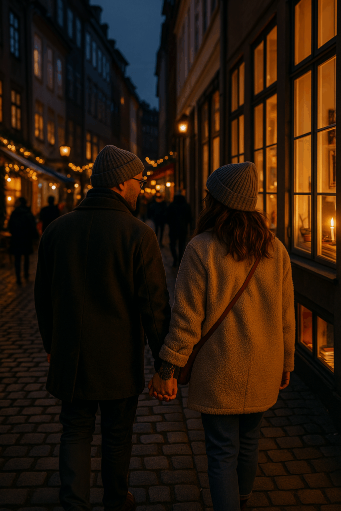 couple walking through copenhagen at night during winter